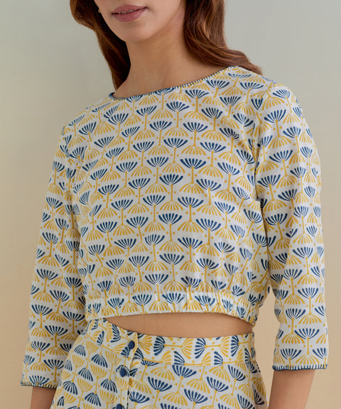 Floral Block Print Coord Set- Crop Top and Haram Pants in Cotton (Set of 2)