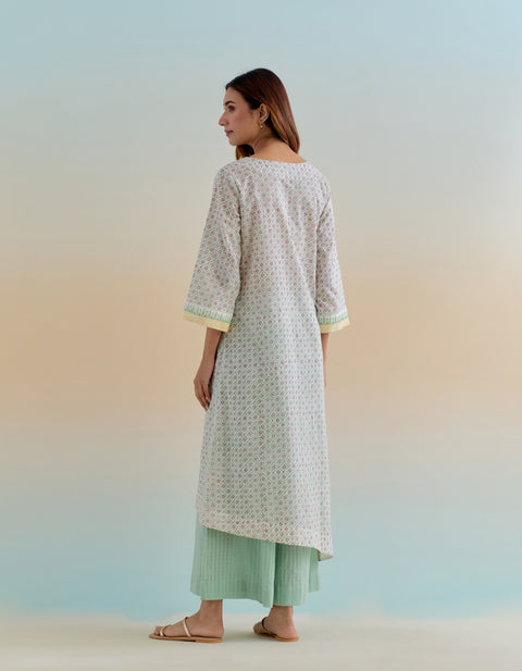 Elegant Cotton Asymmetrical Hem Kurta with Palazzo and Dupatta in Ditsy Hand Block Print (Set of 3) - By Vinusto
