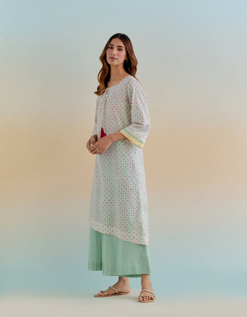 Handcrafted Cotton Asymmetrical Hem Kurta with Palazzo and Dupatta in Ditsy Hand Block Print (Set of 3) - By Vinusto
