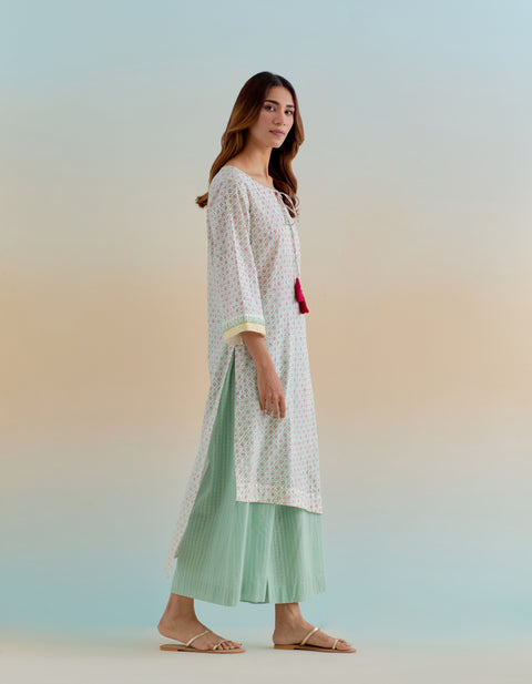 Designer Cotton Asymmetrical Hem Kurta with Palazzo and Dupatta in Ditsy Hand Block Print (Set of 3) - By Vinusto
