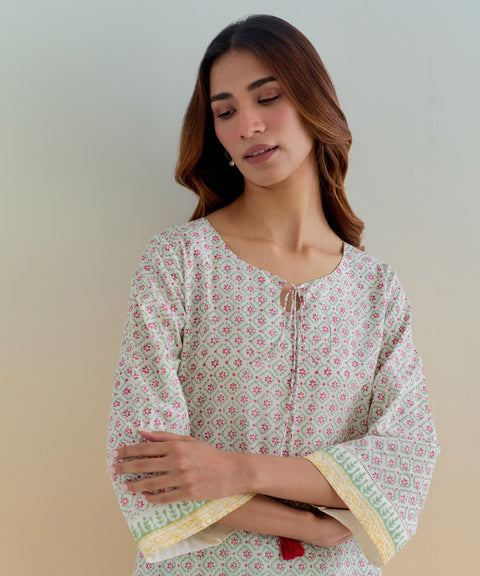 Order Cotton Asymmetrical Hem Kurta with Palazzo and Dupatta in Ditsy Hand Block Print (Set of 3) - By Vinusto
