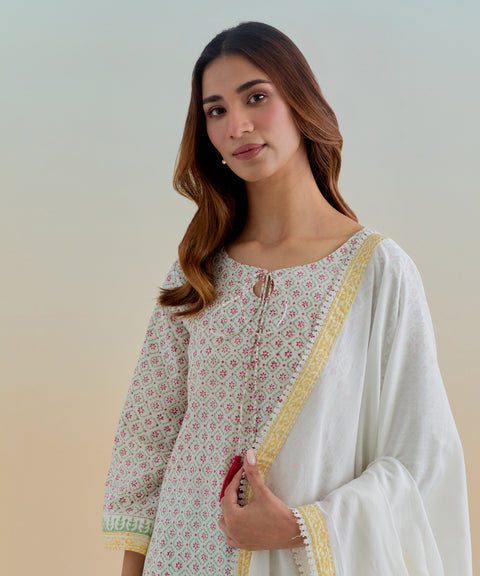 Luxury Cotton Asymmetrical Hem Kurta with Palazzo and Dupatta in Ditsy Hand Block Print (Set of 3) - By Vinusto
