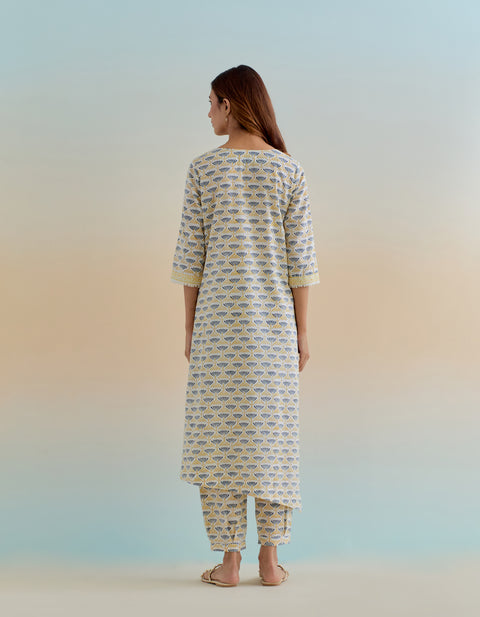 Handcrafted Asymmetrical Hem Kurta with Palazzo and Dupatta in Floral Hand Block Printed Cotton (Set of 3) - By Vinusto
