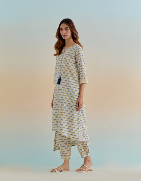 Modern Asymmetrical Hem Kurta with Palazzo and Dupatta in Floral Hand Block Printed Cotton (Set of 3) - By Vinusto
