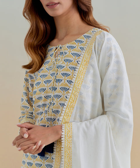 Stylish Asymmetrical Hem Kurta with Palazzo and Dupatta in Floral Hand Block Printed Cotton (Set of 3) - By Vinusto
