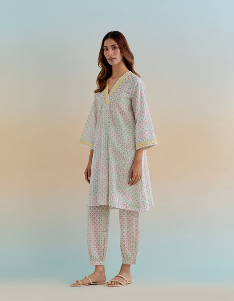 Buy Cotton A Line Kurta and Gathered Pants in Ditsy Hand Block Print (Set of 2) - By Vinusto 
