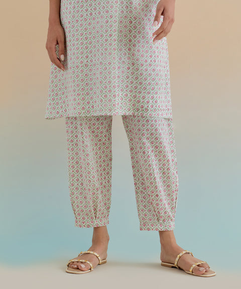Handcrafted Cotton A Line Kurta and Gathered Pants in Ditsy Hand Block Print (Set of 2) - By Vinusto 

