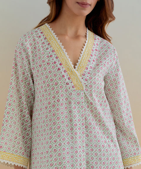 Order Cotton A Line Kurta and Gathered Pants in Ditsy Hand Block Print (Set of 2) - By Vinusto 
