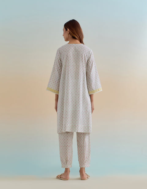 Designer Cotton A Line Kurta and Gathered Pants in Ditsy Hand Block Print (Set of 2) - By Vinusto 
