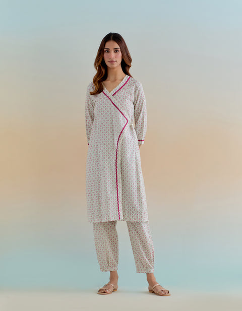 Shop Cotton Wrap Kurta with Pants in Ditsy Hand Block Print (Set of 2) - By Vinusto 

