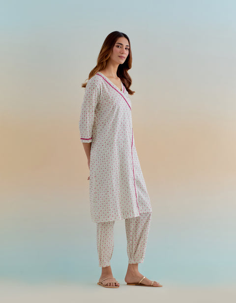 Handcrafted Cotton Wrap Kurta with Pants in Ditsy Hand Block Print (Set of 2) - By Vinusto 
