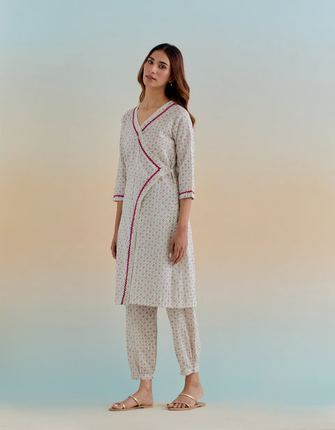 Buy Cotton Wrap Kurta with Pants in Ditsy Hand Block Print (Set of 2) - By Vinusto 
