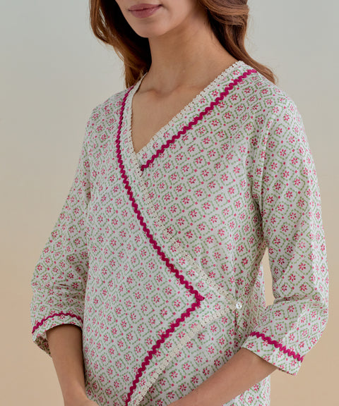 Order Cotton Wrap Kurta with Pants in Ditsy Hand Block Print (Set of 2) - By Vinusto 
