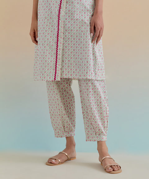 Designer Cotton Wrap Kurta with Pants in Ditsy Hand Block Print (Set of 2) - By Vinusto 
