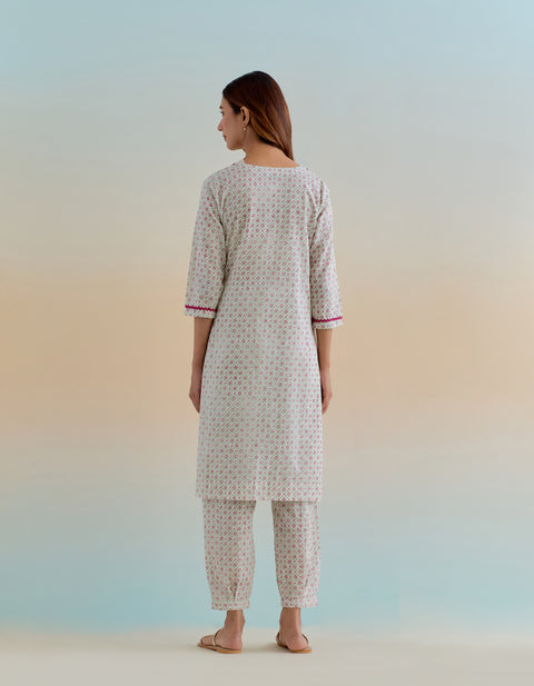 Stylish Cotton Wrap Kurta with Pants in Ditsy Hand Block Print (Set of 2) - By Vinusto 
