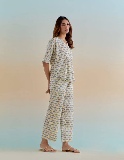 Luxury Cotton Kaftan Top & Pants in Floral Block Print – Elegant Coord Set

