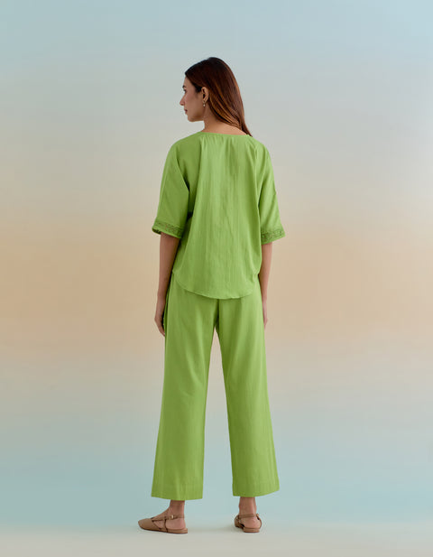 Handcraft Green Cotton Co-Ord Set - Top & Pants (Set of 2) | Vinusto