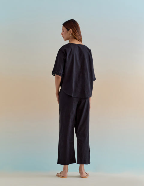 Handcraft Co-Ord Set - Top and Pants in Black Cotton | Vinusto