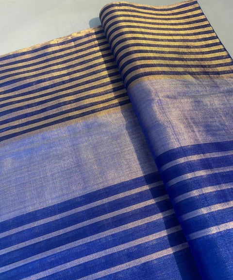 Navy with Silver & Gold Zari Stripes Fabric (Handloom)