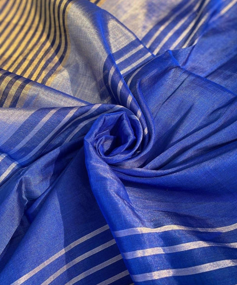 Navy with Silver & Gold Zari Stripes Fabric (Handloom)