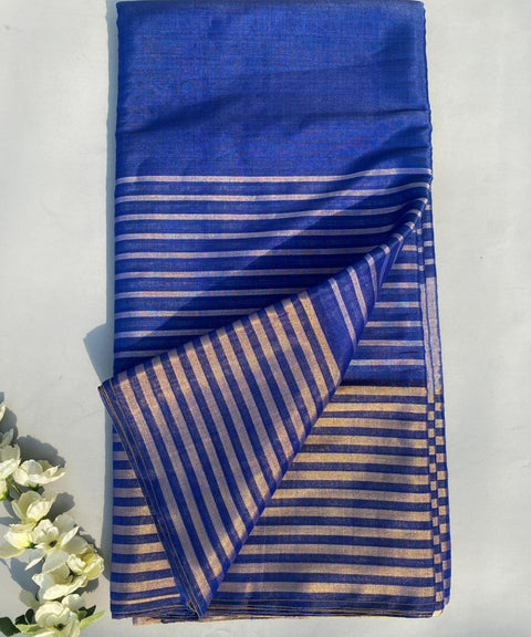 Navy with Silver & Gold Zari Stripes Fabric (Handloom)