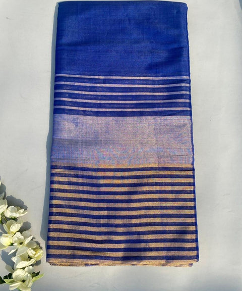 Navy with Silver & Gold Zari Stripes Fabric (Handloom)