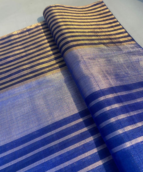 Navy with Silver & Gold Zari Stripes Fabric (Handloom)