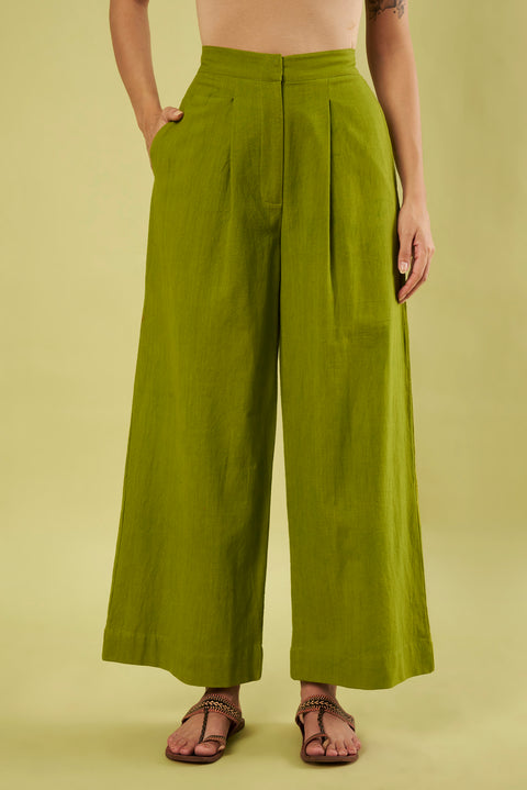 Contemporary Olive Green Co-Ord Set with High Slit Kurta & Cotton Pants (Set of 2)