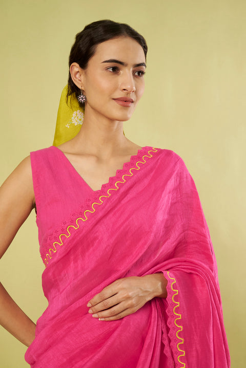 Pink Linen Saree with Embroidered Patch Lace, Scalloped Border & Khadi Cotton Blouse (Set of 2)