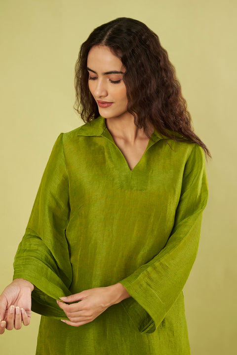 Olive Green Linen Shirt with Bell Sleeves & Khadi Cotton Pants (Set of 2)