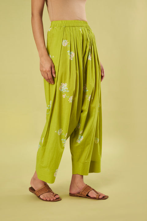 Printed Cotton Short Kurti with Lace Details,  Farshi Salwar with Pink Chiffon Dupatta(Set of 3)