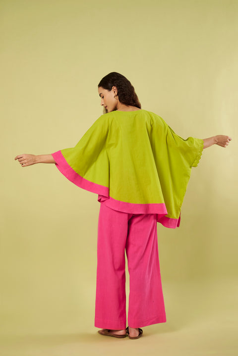 Lime Green Asymmetric Tunic Co-Ord Set with Lace Detail & Handwoven Khadi Pants (Set of 2)