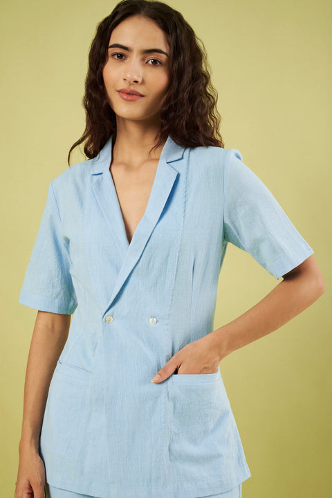 Co-ord set with Light Blue Khadi Jacket Style Shirt and Pants (Set of 2)