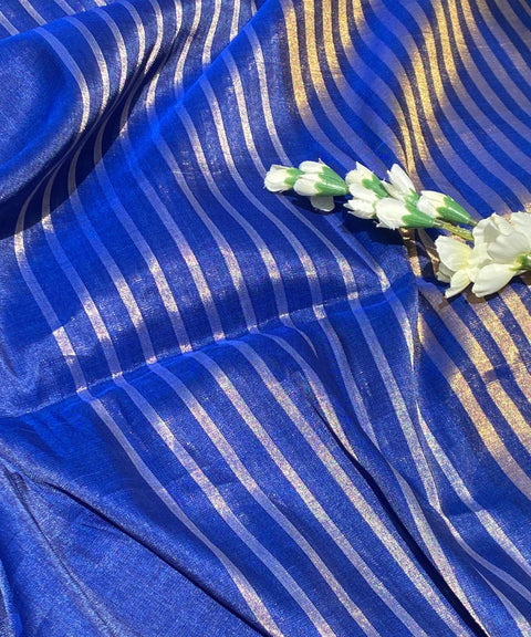 Navy with Silver & Gold Zari Stripes Fabric (Handloom)