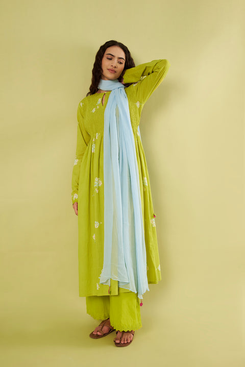 Lime Printed Kurta Set with Smocked Bodice & Airy Chiffon Dupatta (Set of 3)