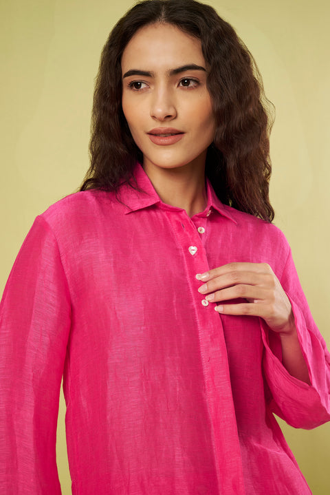 Pink Linen Silk Shirt and Khadi Cotton Pants Co-Ord Set (Set of 2)