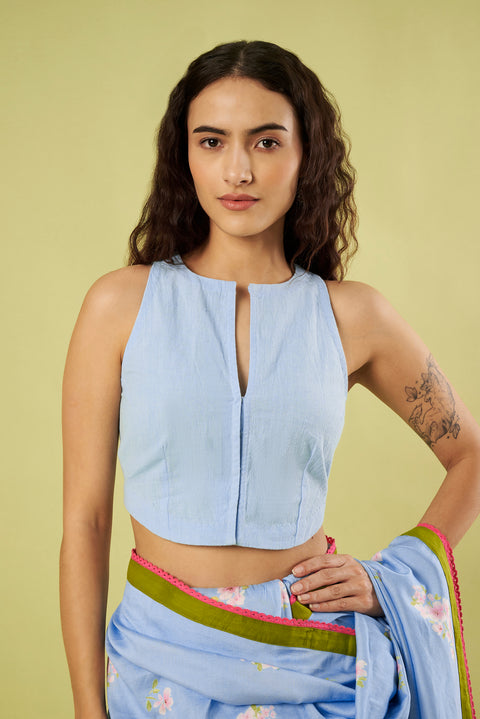 Light Blue Printed Chanderi Saree with Contrast Lace Details paired with Khadi Blouse (Set of 2)