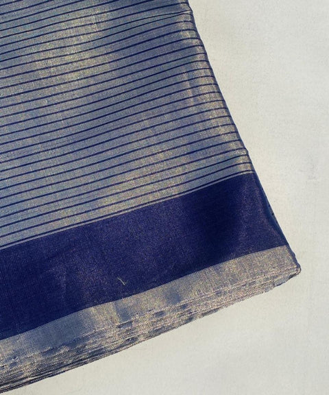 Pinstripe Zari Fabric in Silver & Navi (Handloom)