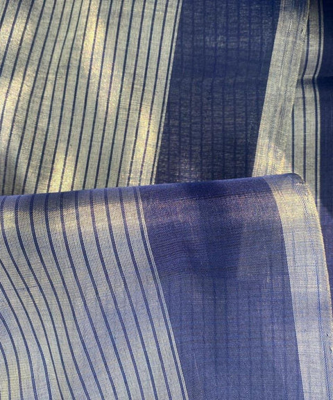 Pinstripe Zari Fabric in Silver & Navi (Handloom)