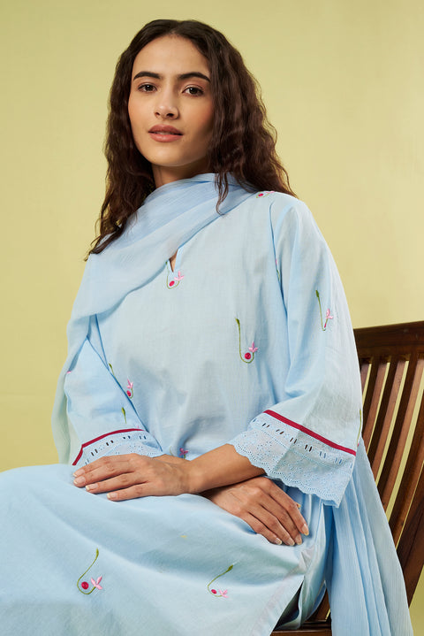 Relaxed Fit Cotton Kurta with Embroidered Bootis, Chiffon Dupatta & Cotton Pants (Set of 3)