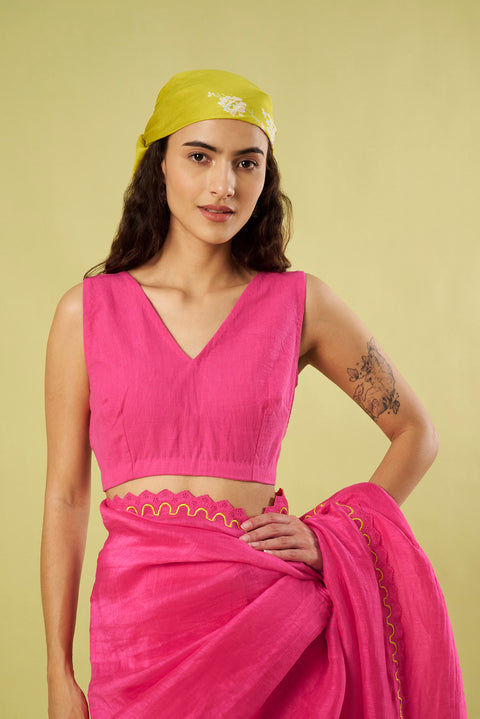 Pink Linen Saree with Embroidered Patch Lace, Scalloped Border & Khadi Cotton Blouse (Set of 2)