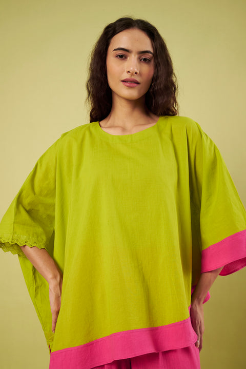 Lime Green Asymmetric Tunic Co-Ord Set with Lace Detail & Handwoven Khadi Pants (Set of 2)