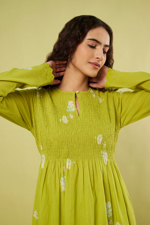 Lime Printed Kurta Set with Smocked Bodice & Airy Chiffon Dupatta (Set of 3)