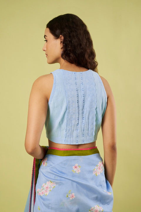 Light Blue Printed Chanderi Saree with Contrast Lace Details paired with Khadi Blouse (Set of 2)