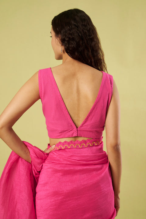 Pink Linen Saree with Embroidered Patch Lace, Scalloped Border & Khadi Cotton Blouse (Set of 2)