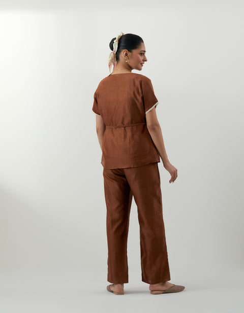 Handcraft Brown Wrap Top & Pants Set – Vinusto Office Wear Collection 2025

