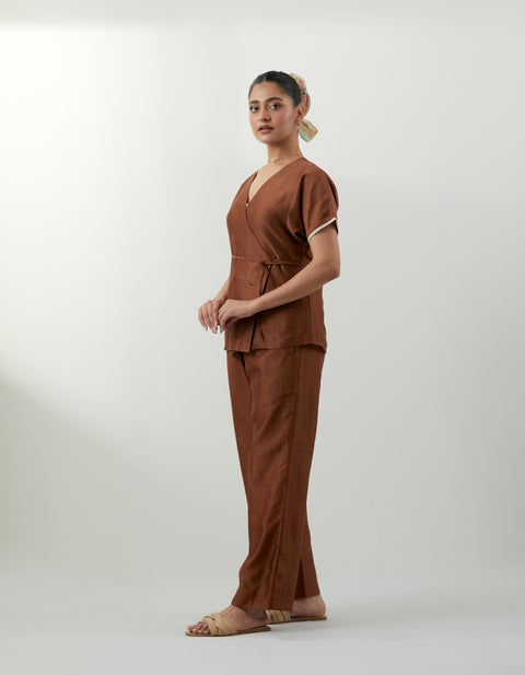 Luxury Brown Wrap Top & Pants Set – Vinusto Office Wear Collection 2025

