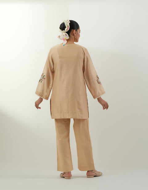 Beige Embroidered Chanderi Kurta, with Cotton Pants (Set of 2)