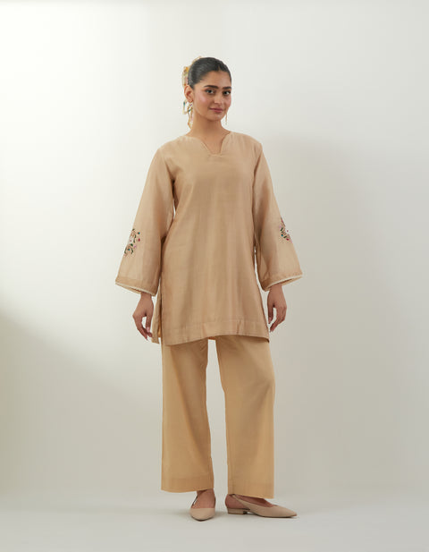 Beige Embroidered Chanderi Kurta, with Cotton Pants (Set of 2)