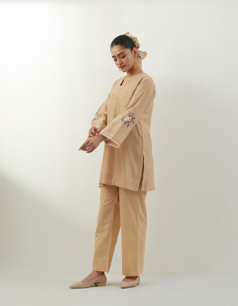 Beige Embroidered Chanderi Kurta, with Cotton Pants (Set of 2)